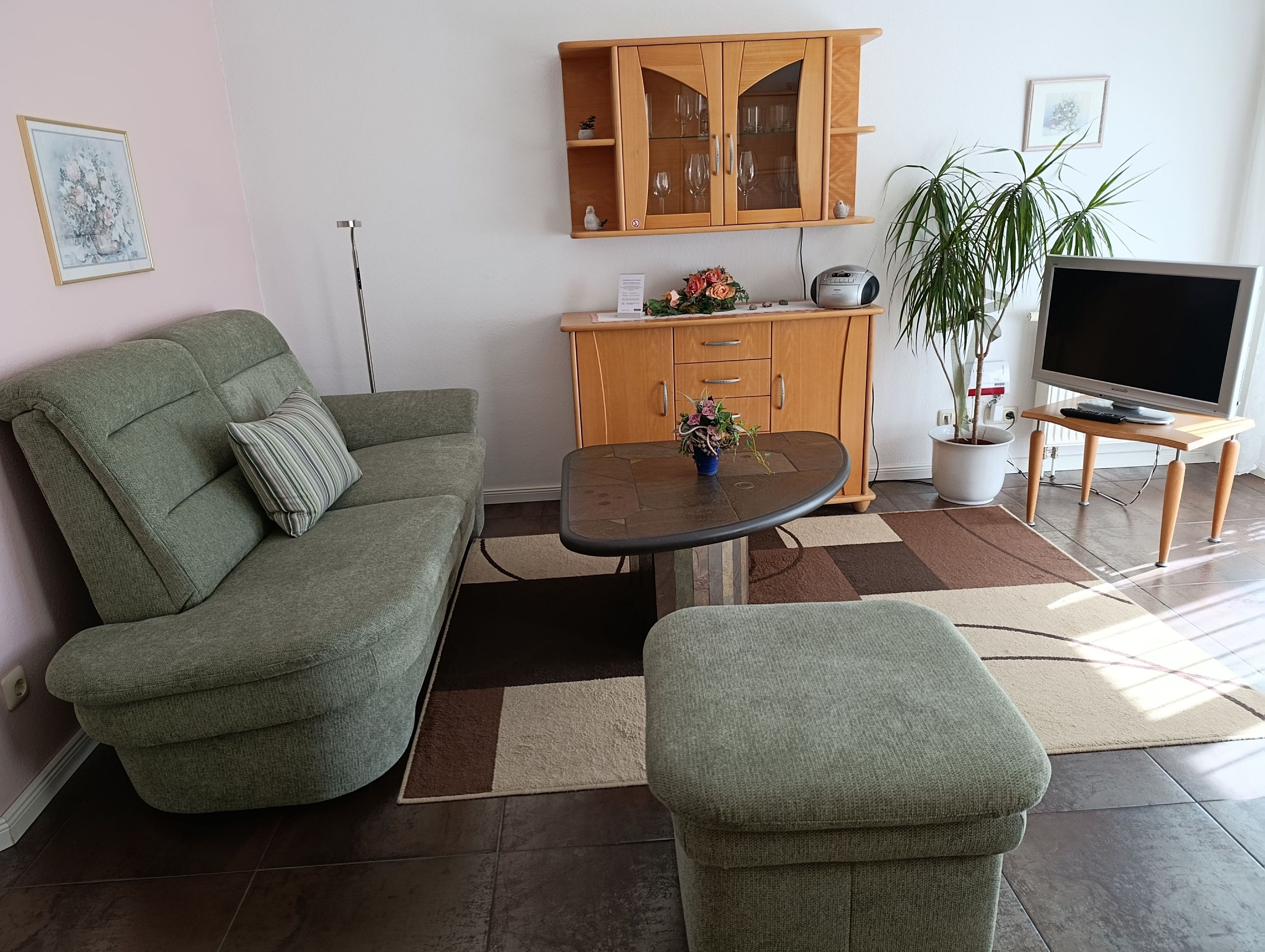 A living room with a green sofa, a small table with a vase, a wooden cabinet, a TV, and a potted plant.