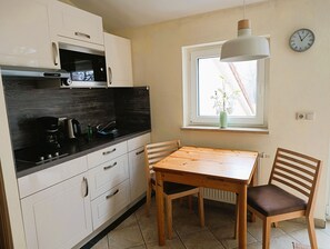 Fridge, microwave, coffee/tea maker, electric kettle