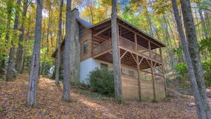 A wooden cabin with a balcony, surrounded by trees and covered in autumn leaves.