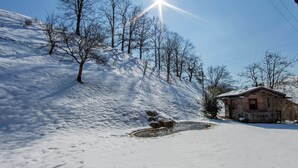 A snow-covered landscape with a wooden cabin, bare trees, and a clear sky. - Huge Holiday Home in Hopfgarten im Brixental near Ski Lift (Hopfgarten im Brixental)