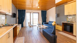 A compact living space with a kitchenette, a sofa, a dining table, and a TV. - Opera House Hotel (Istanbul)