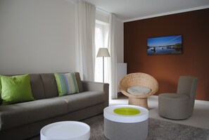 TV, DVD player, music library, stereo