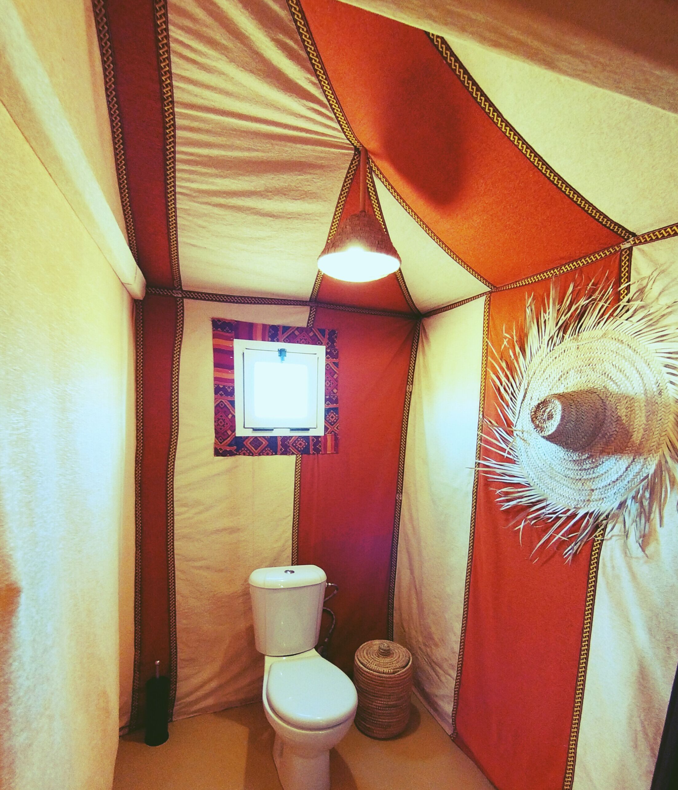 A small, uniquely designed bathroom with a peacock mural, a single toilet, and a small window.