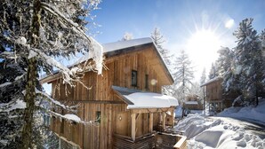 A wooden cabin with a snow-covered roof and a wooden deck, surrounded by snow-covered trees.