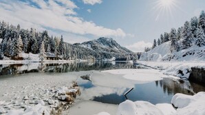 Winterliche Landschaft mit einem See, schneebedeckten Bäumen und Bergen im Hintergrund.