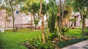 A garden with a bench, various plants, and a building in the background. - Sonho Da Serra Pousada (Bento Gonçalves)