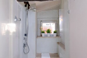 Shower, hair dryer, towels, shampoo