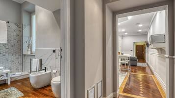 Shower, hair dryer, bidet, towels