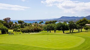 A golf course with a flagstick, trees, and a distant view of a body of water and mountains.
