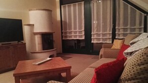 A living room with a fireplace, a sofa, a coffee table, and a television. - Kurparkstübl Bad Schandau (Bad Schandau)