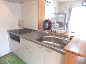 Fridge, microwave, stovetop, cookware/dishes/utensils