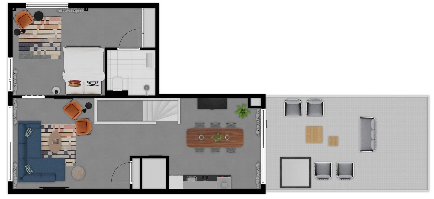 A floor plan of a hotel room with a living area, kitchenette, and a separate dining area.