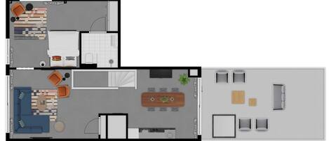 A floor plan of a hotel room with a living area, kitchenette, and a separate dining area.