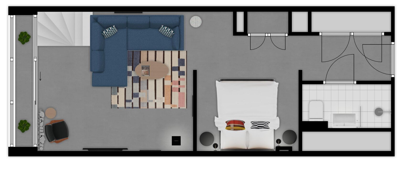 A hotel room layout with a sofa, coffee table, bed, and bathroom.