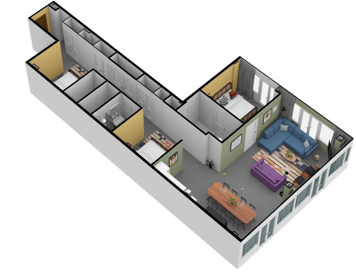 Un plan d’étage en 3D d’un appartement moderne comprenant un salon, une cuisine, deux chambres et une salle de bain.
