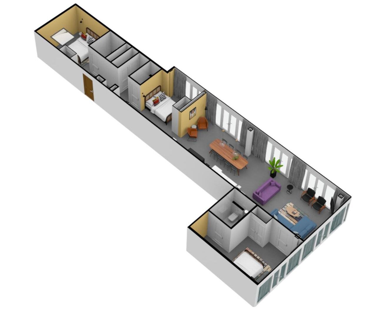 Un plan d’étage en 3D d’un hôtel comprenant plusieurs chambres, un coin repas, un salon et une salle de bain.