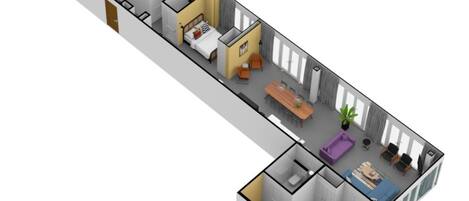 Un plan d’étage en 3D d’un hôtel comprenant plusieurs chambres, un coin repas, un salon et une salle de bain.