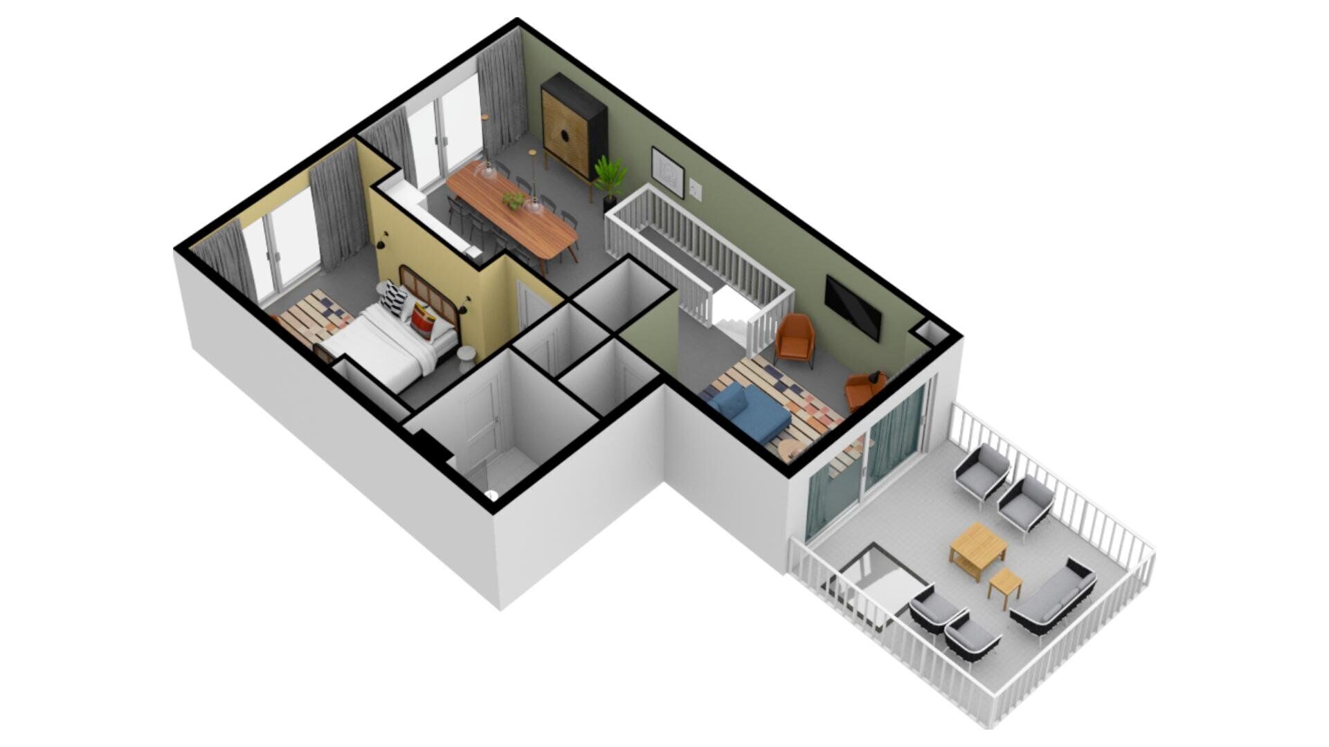 Een 3D-plattegrond van een modern appartement met woonkamer, keuken, eethoek en balkon.
