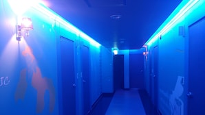 A hallway with blue lighting, doors, and a wall with a silhouette of a person. - W Motel (Andong)