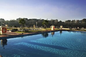 A clear swimming pool with lounge chairs and a lifebuoy, surrounded by a fence and palm trees. - Riviera On Vaal Resort (Vereeniging)