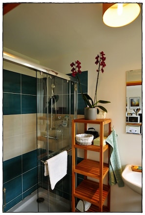 A bathroom with a glass shower enclosure, a wooden shelf with a potted plant, and a sink with a towel hanging on the wall. - Cottage Maison Drogou (Porspoder)