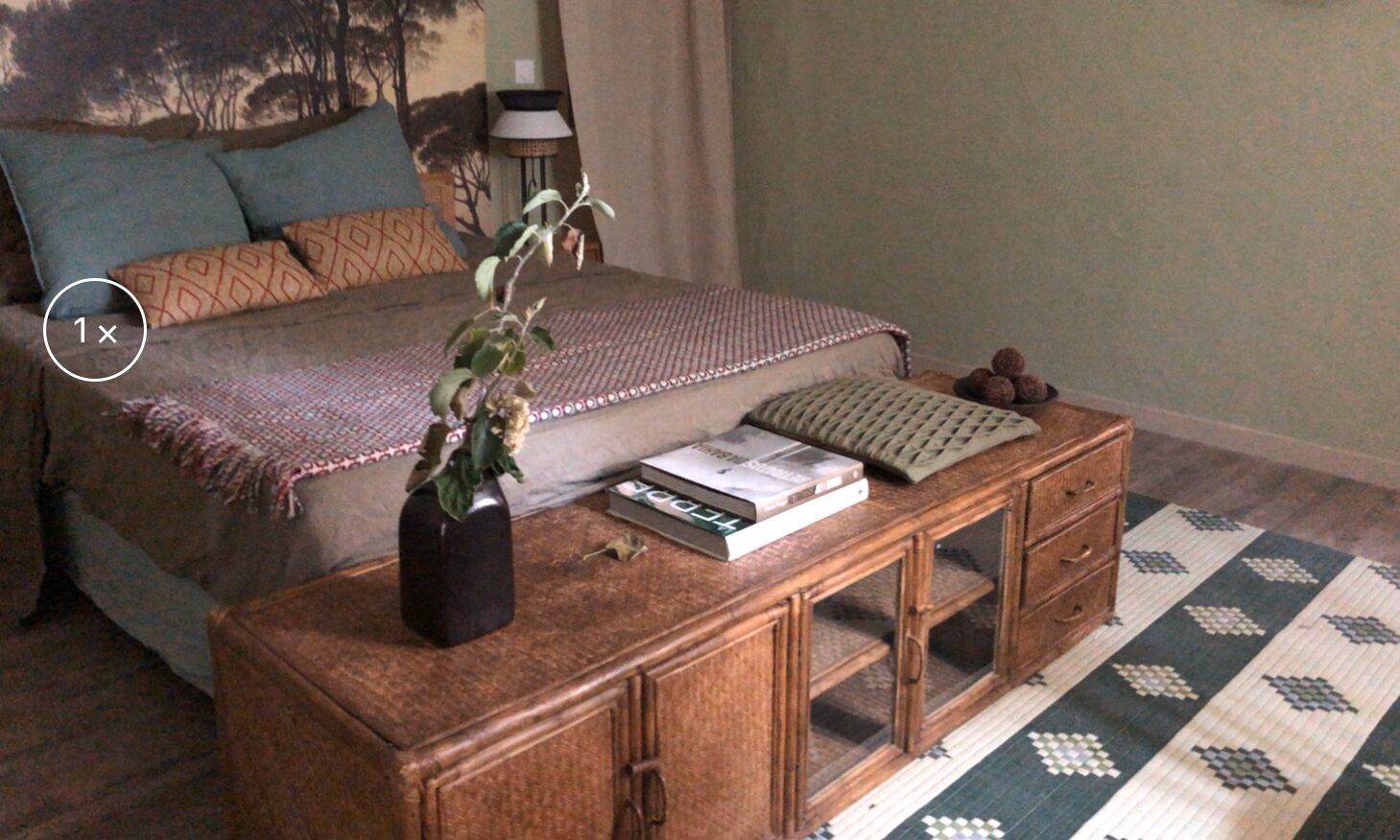 Une chambre à coucher avec un lit, une table de chevet ornée d’une plante, une lampe et un tapis à motifs.