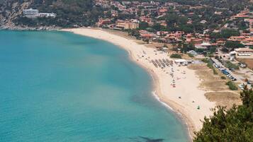 Beach nearby, white sand, beach umbrellas, beach towels