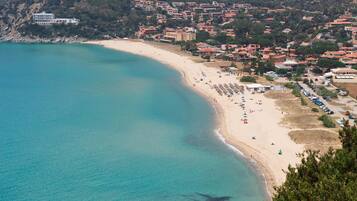 Una spiaggia nelle vicinanze, sabbia bianca, ombrelloni