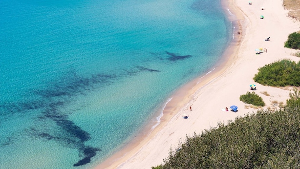 An aerial view of a beach with clear turquoise water, sandy shore, and sparse vegetation.