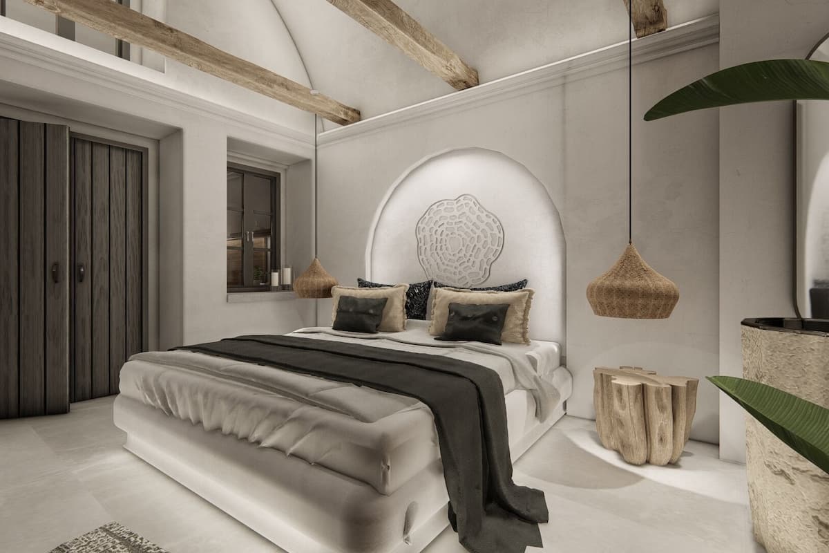 A modern bedroom with a large bed, a wooden wardrobe, a mirror, and a unique wall design.