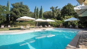 Seasonal outdoor pool, pool umbrellas, pool loungers