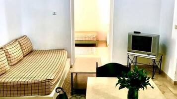 Un espacio habitable compacto con sofá, una mesita, televisor y una planta.