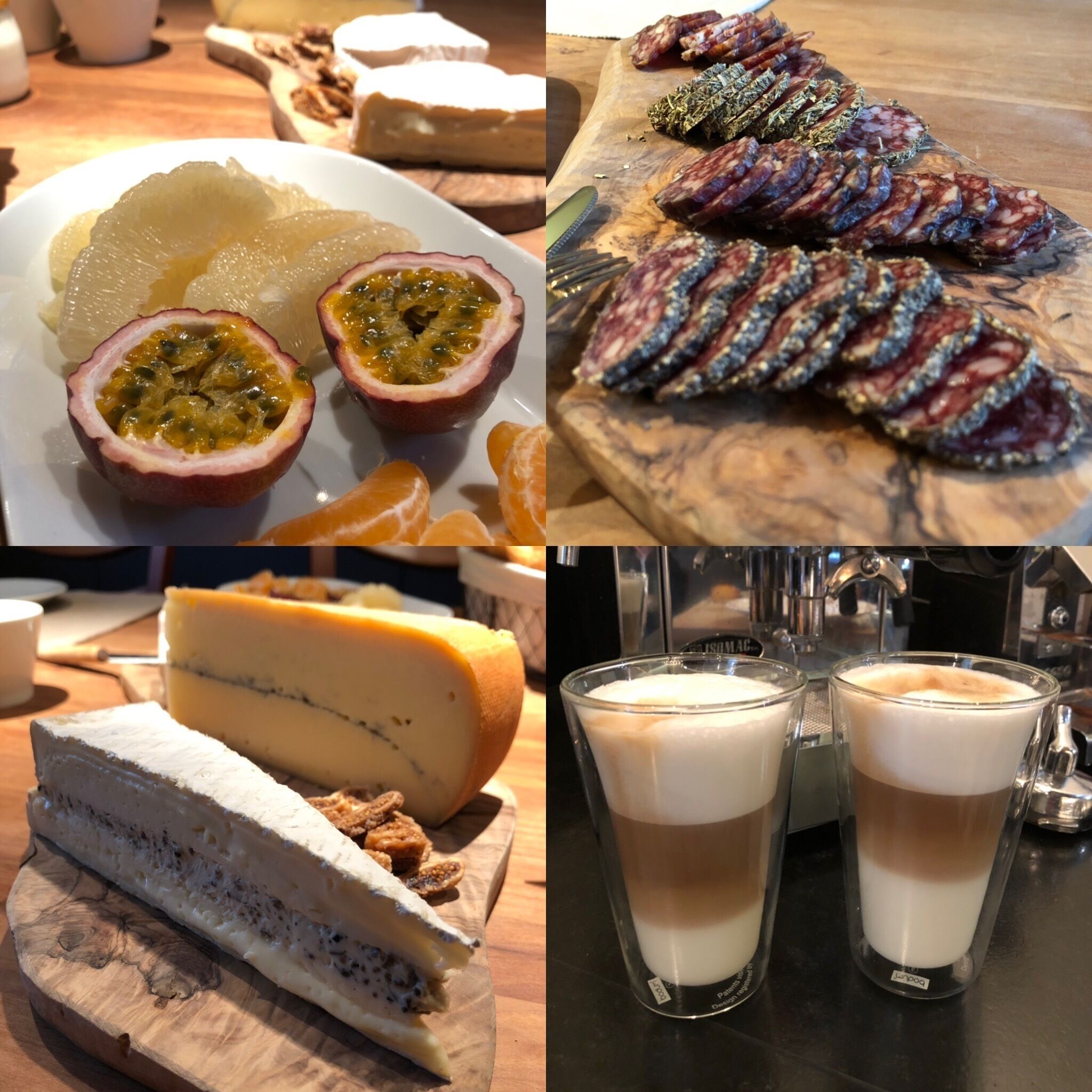 A variety of food items including cheese, passion fruit, cured meats, and a dessert.