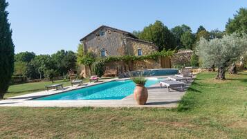 Seasonal outdoor pool, pool umbrellas, pool loungers