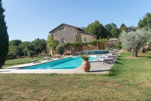 Seasonal outdoor pool, pool umbrellas, pool loungers