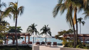 A resort pool area with lounge chairs and umbrellas, surrounded by palm trees and a view of the sea. - Hacienda de Mita Golf View Beach Clubs & Golf Cart (Punta de Mita)