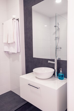 Douche, sèche-cheveux, serviettes fournies, papier toilette
