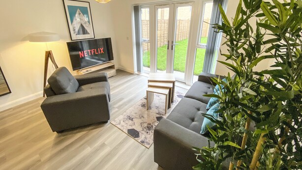 Un salon doté d’un téléviseur à écran plat, de canapés gris, d’un tapis à motifs et d’une grande plante en pot.