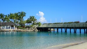 Una playa con un muelle de hormigón, agua cristalina y palmeras.