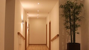 Een gang met houten vloer, inbouwverlichting, een pot met bamboe en houten deuren.