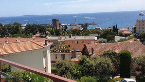 Un pueblo costero con edificios de tejas de color terracota, un puerto deportivo y una vista despejada del mar.