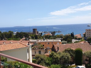 Eine Küstenstadt mit terrakottafarbenen Dächern, einem Yachthafen und freiem Blick auf das Meer.