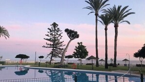 Ein Pool mit Zaun, umgeben von Palmen und einem Sonnenuntergangshimmel.