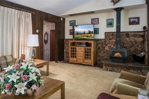 Apartment, Multiple Beds (Sauna and Pool Table in Unique Cabin!) | Living room | TV, fireplace, DVD player, ping pong