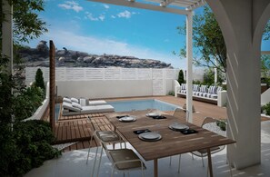 Outdoor dining - Open-plan suite, garden view, private plunge pool, communal pool, breakfast (Naxos island, Cyclades)