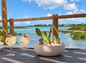 En træterrasse med et bord, to glas med en lysefarvet drik og citruspynt, samt en kaktusplante i en potte.