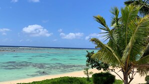 A beach with clear turquoise water, a sandy shore, and a palm tree. - Panama Beachfront Apartments Rarotonga (Rarotonga)