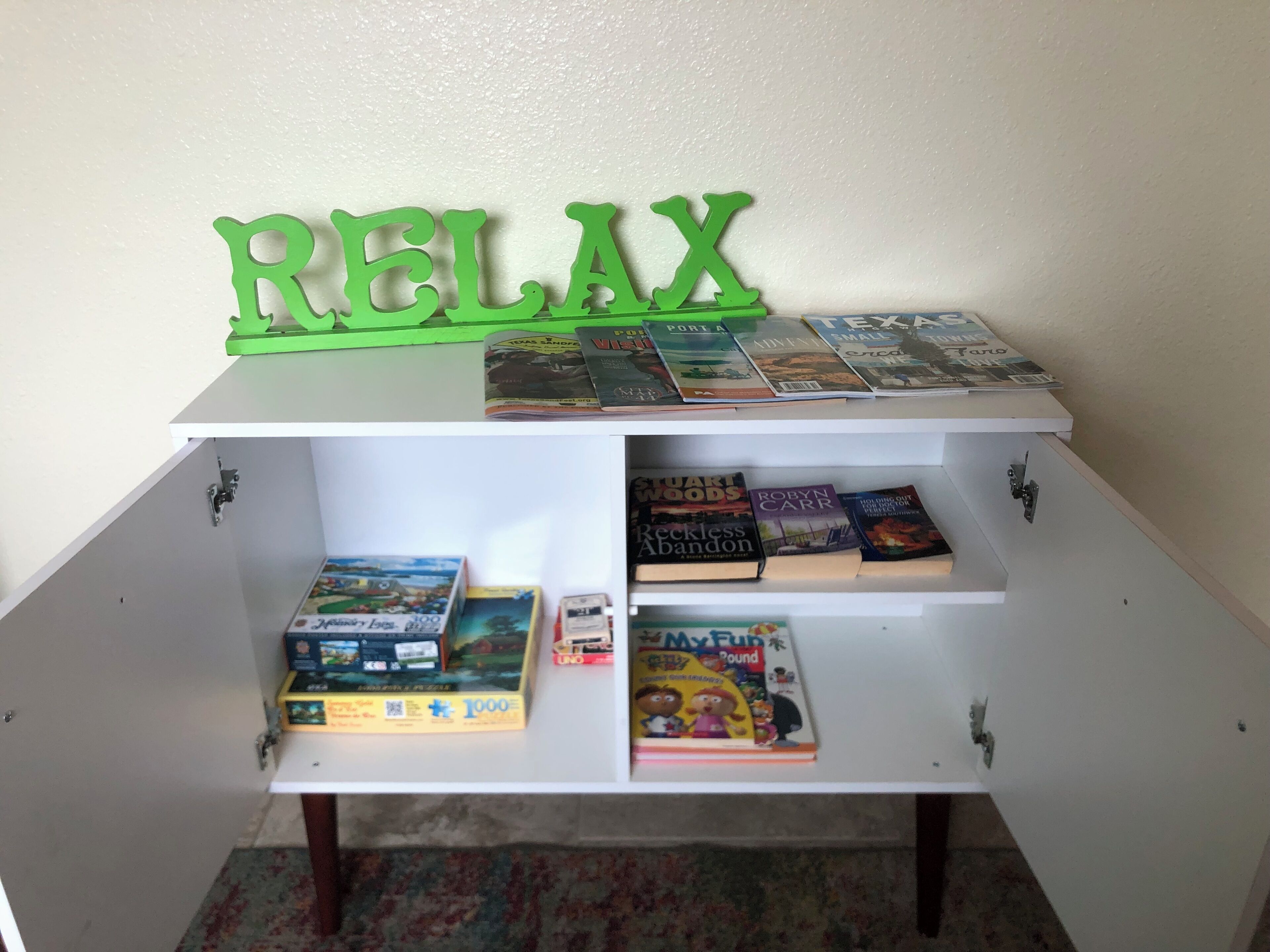 Books and games in living room 