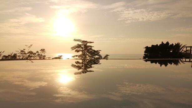 A serene beach scene with a clear reflection of the sun and palm trees on the water's surface. - Haya hotel & spa (Tabarja)