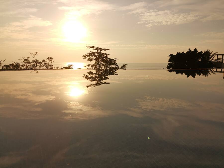 A serene beach scene with a clear reflection of the sun and palm trees on the water's surface.